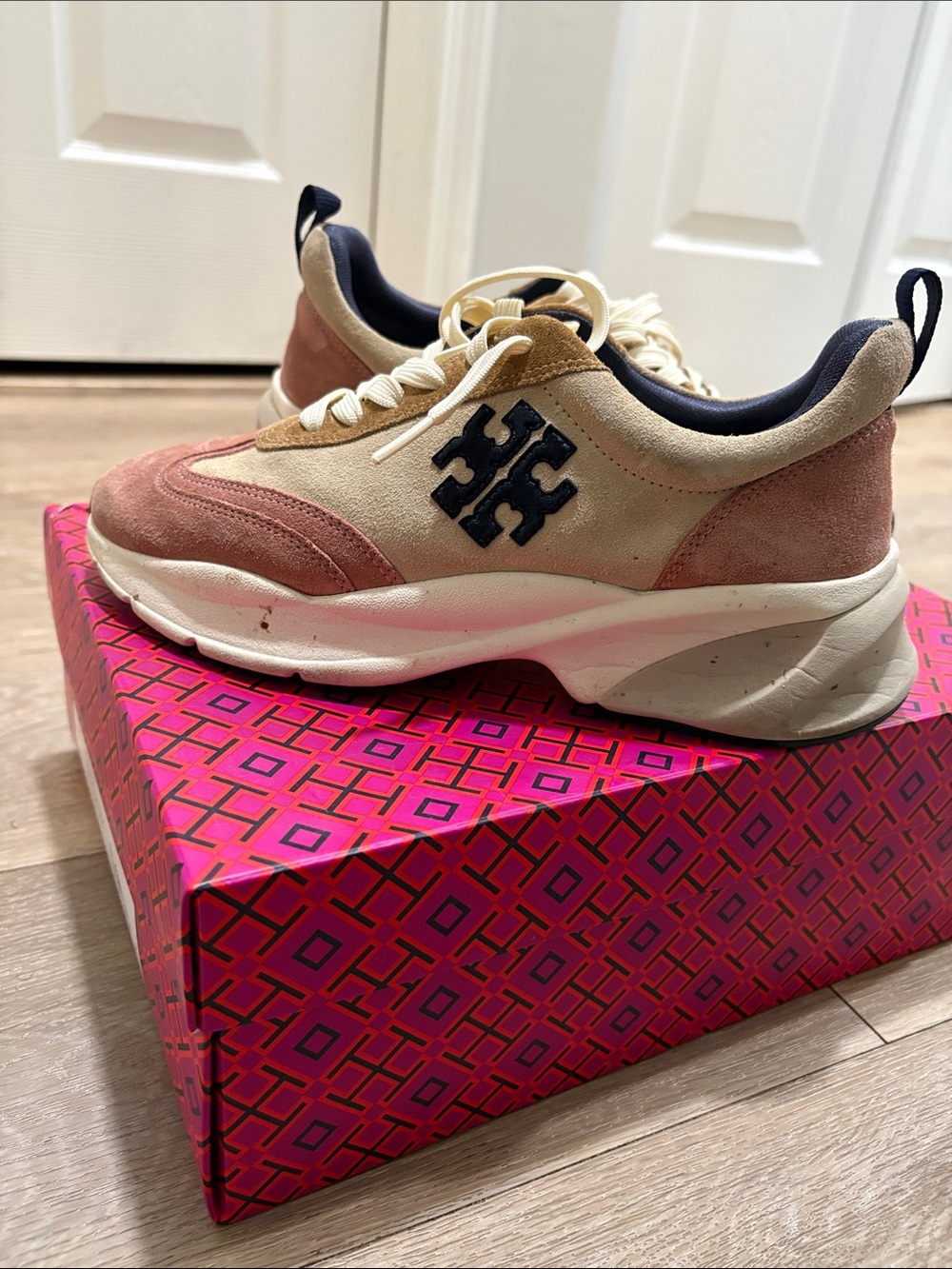 Tory Burch Blush Pink, Cream & Navy Suede-Accent Sneakers